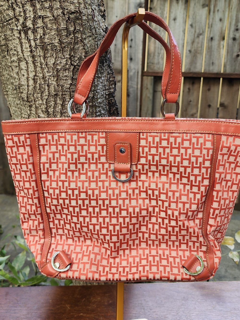 Vintage Y2K Tommy Hilfiger Monogram TH Logo Tote Purse Orange W/ Charm